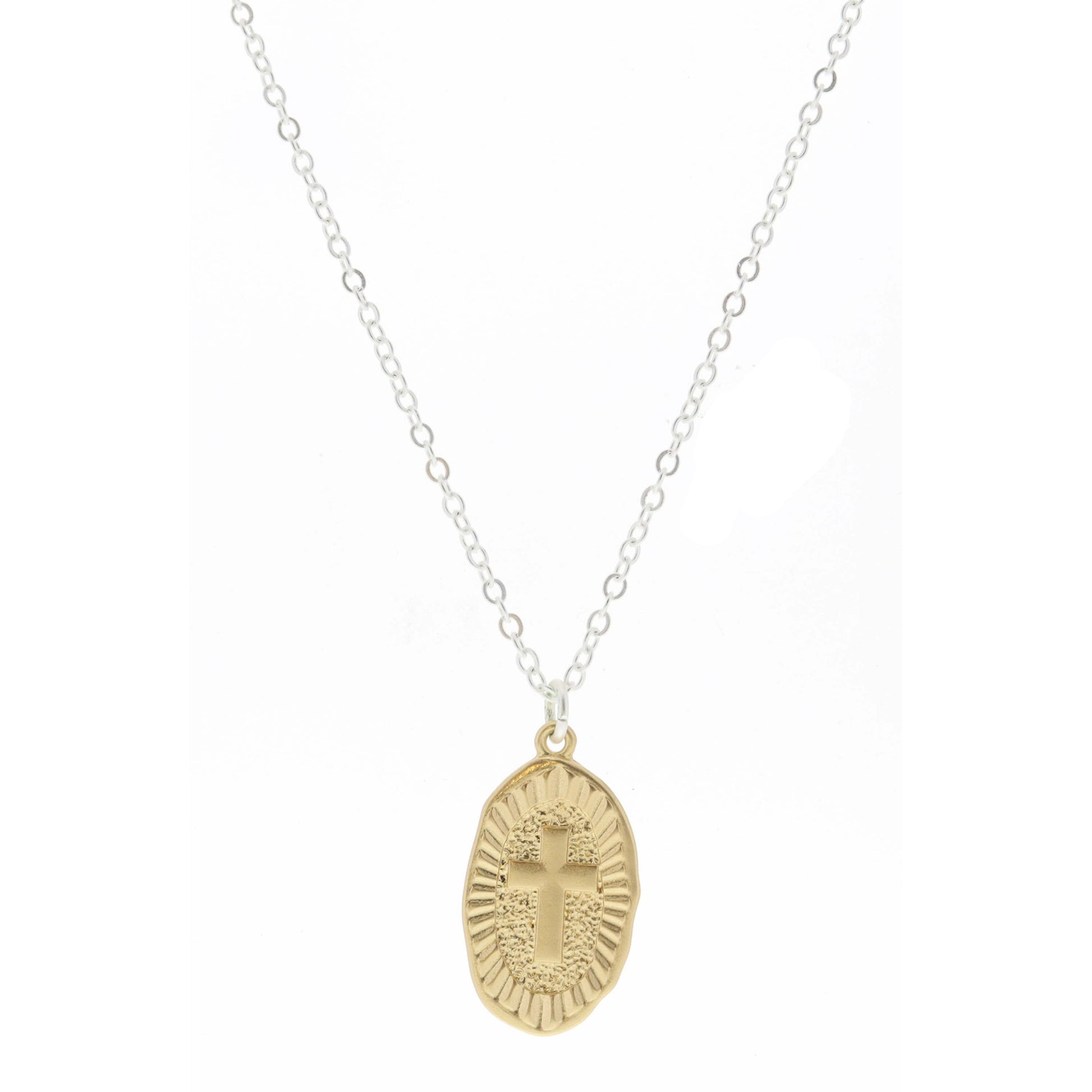 Gold Textured Oval with Cross Center Necklace