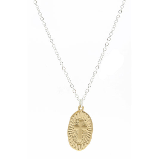 Gold Textured Oval with Cross Center Necklace