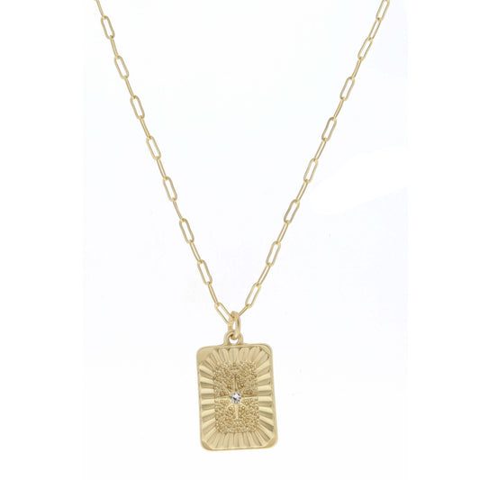 Gold Textured Rectangle with Starburst and Crystal Center Necklace