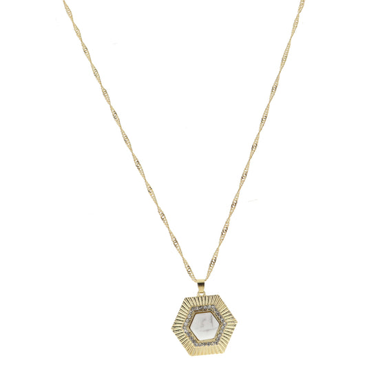 Gold Hexagon with Clear Crystals and Howlite Hexagon Stone Necklace