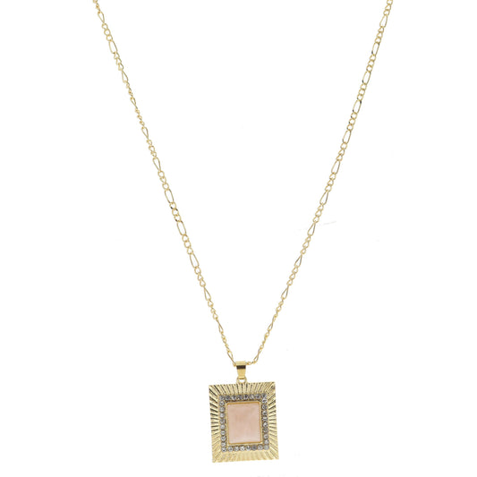 Gold Rectangle with Clear Crystals and Rose Quartz Rectangle Necklace