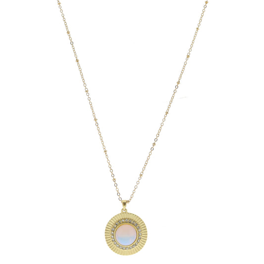 Gold Disc with Clear Crystals and Opalite Circle Stone Necklace