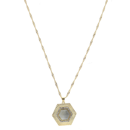 Gold Hexagon with Clear Crystals and Labradorite Hexagon Stone Necklace