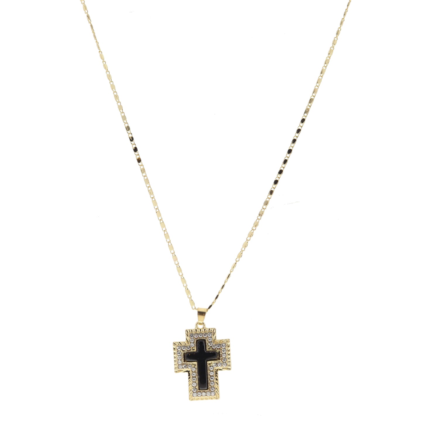 Gold Cross with Clear Crystals and Jet Cross Stone Necklace