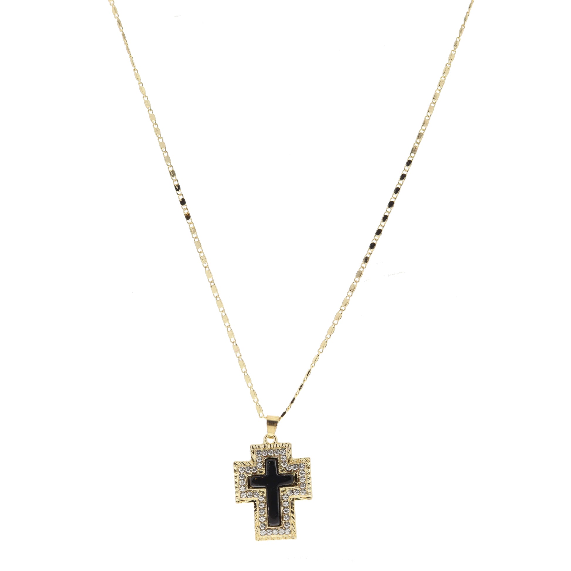Gold Cross with Clear Crystals and Jet Cross Stone Necklace