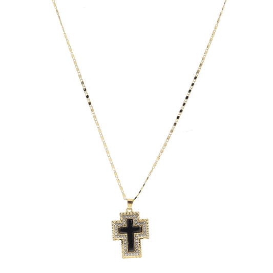 Gold Cross with Clear Crystals and Jet Cross Stone Necklace