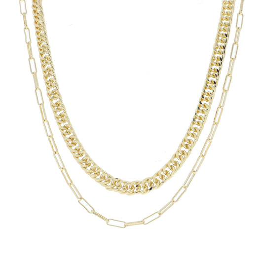 2 Strand, Shiny Gold Double Curb Chain, Shiny Gold Paperclip Chain Necklace