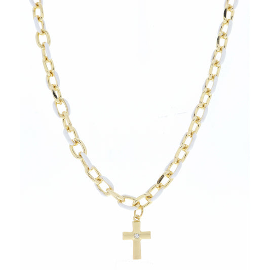 White Enamel Chain and Gold Cross with Mini Clear Crystal Necklace
