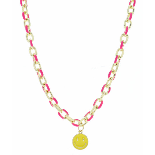Hot Pink Enamel Chain and Yellow Enamel Happy Face Disc Necklace