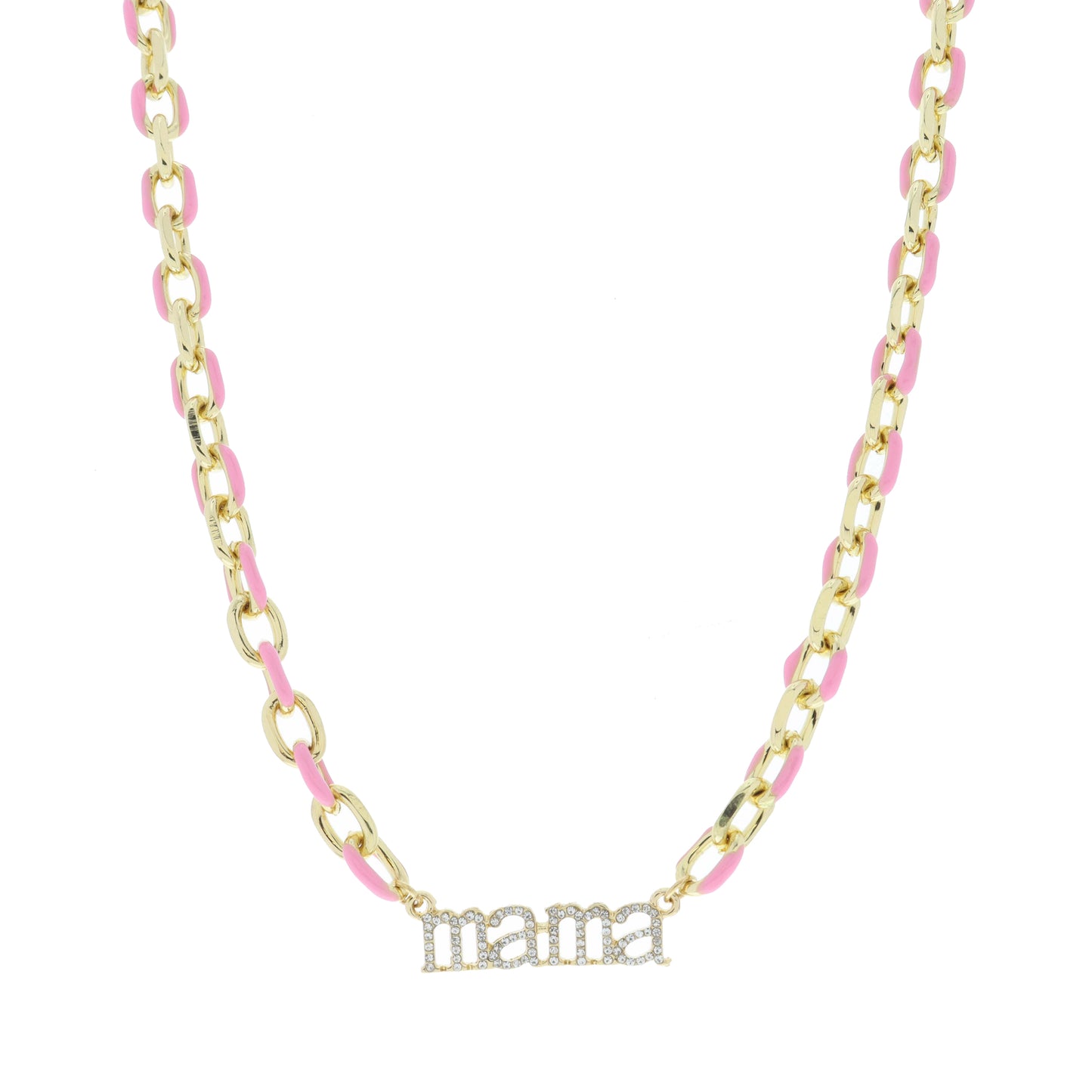 Pink Enamel Chain with Clear Crystal "mama" Bar Necklace