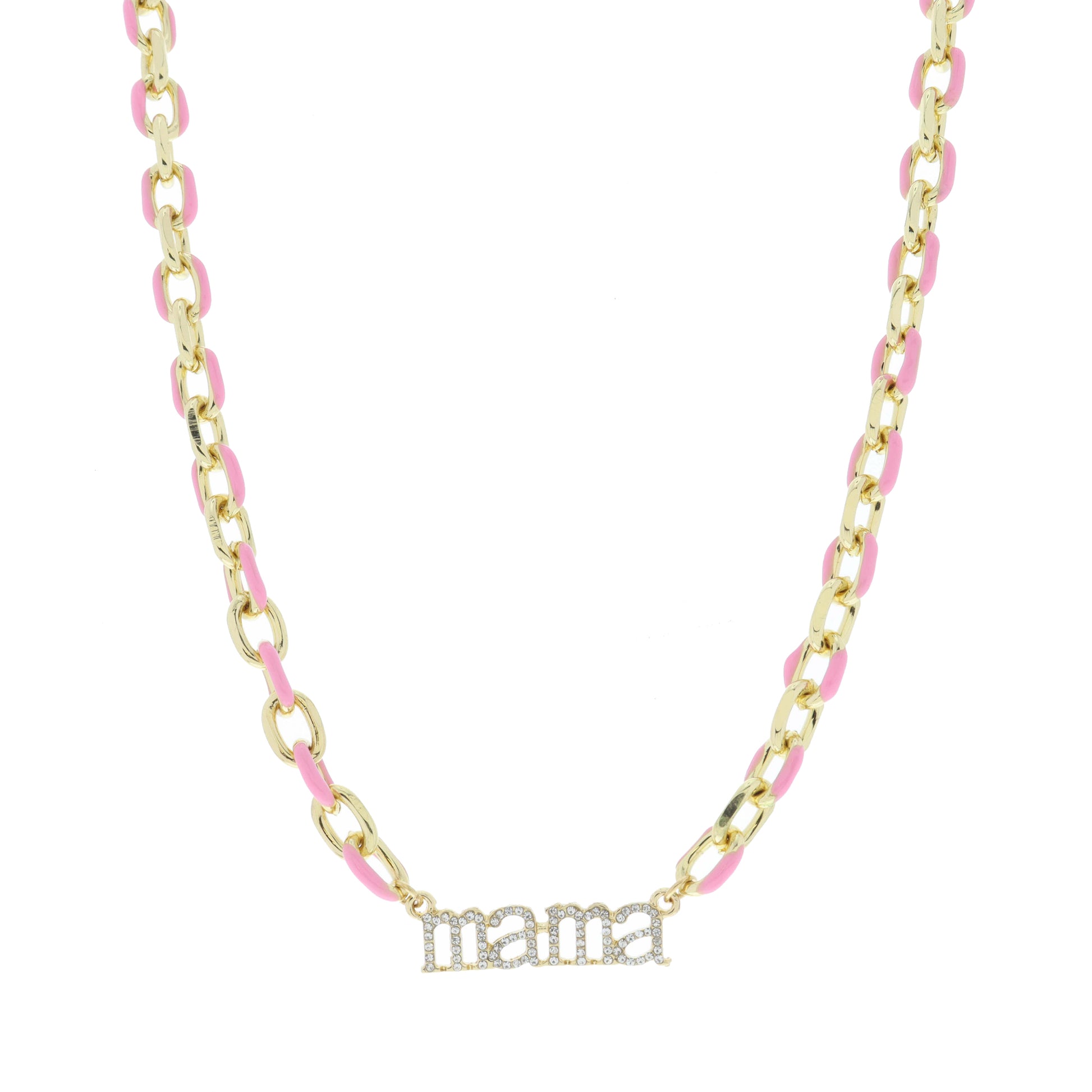 Pink Enamel Chain with Clear Crystal "mama" Bar Necklace