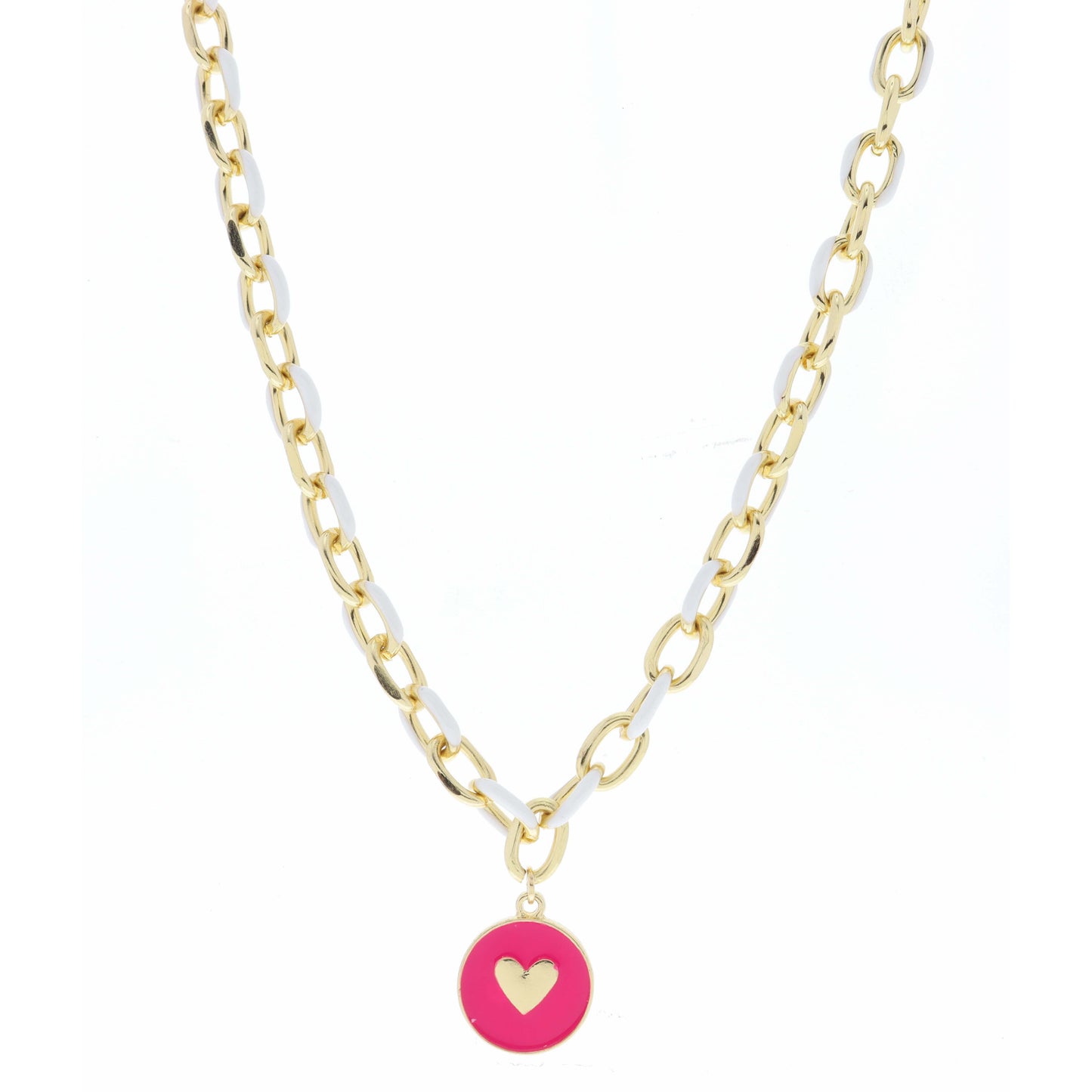 White Enamel Chain and Hot Pink Enamel Disc with Gold Heart Necklace