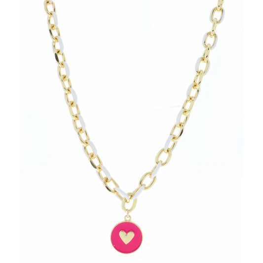 White Enamel Chain and Hot Pink Enamel Disc with Gold Heart Necklace