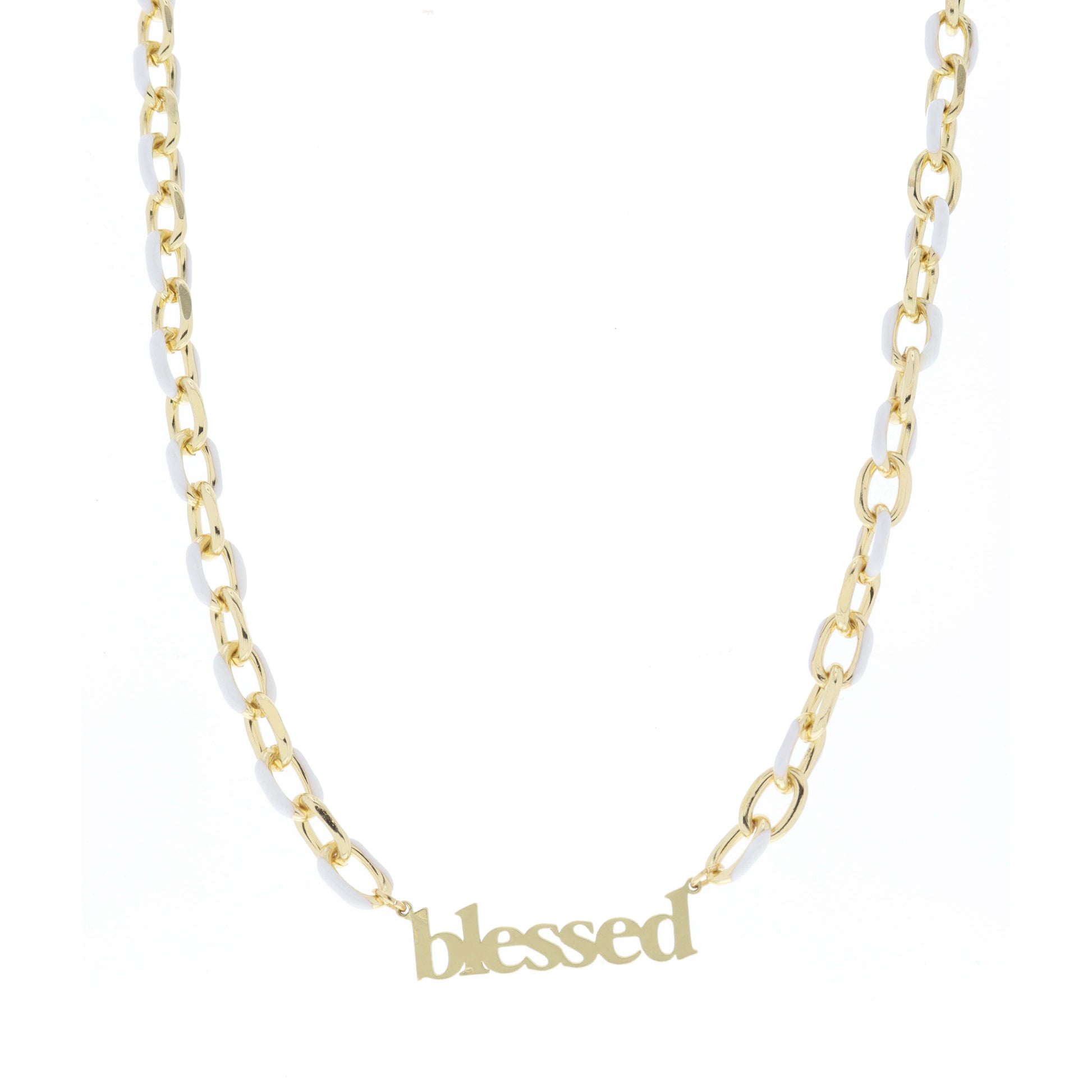White Enamel Chain with Gold "blessed" Bar Necklace