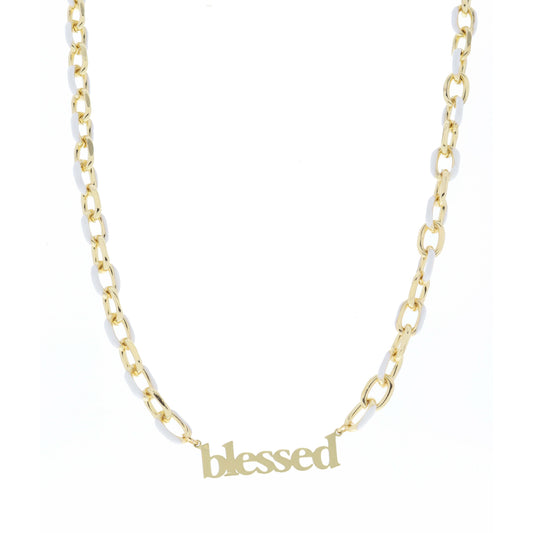 White Enamel Chain with Gold "blessed" Bar Necklace