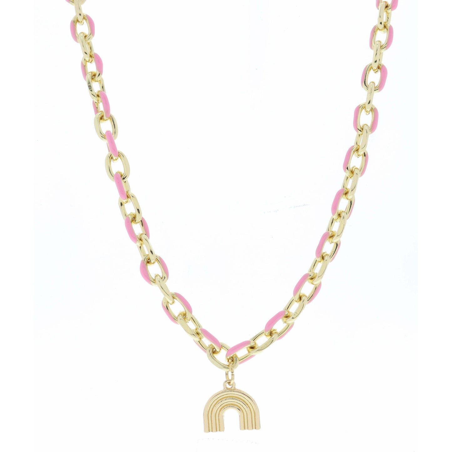 Pink Enamel Chain and Gold Rainbow Arch Necklace