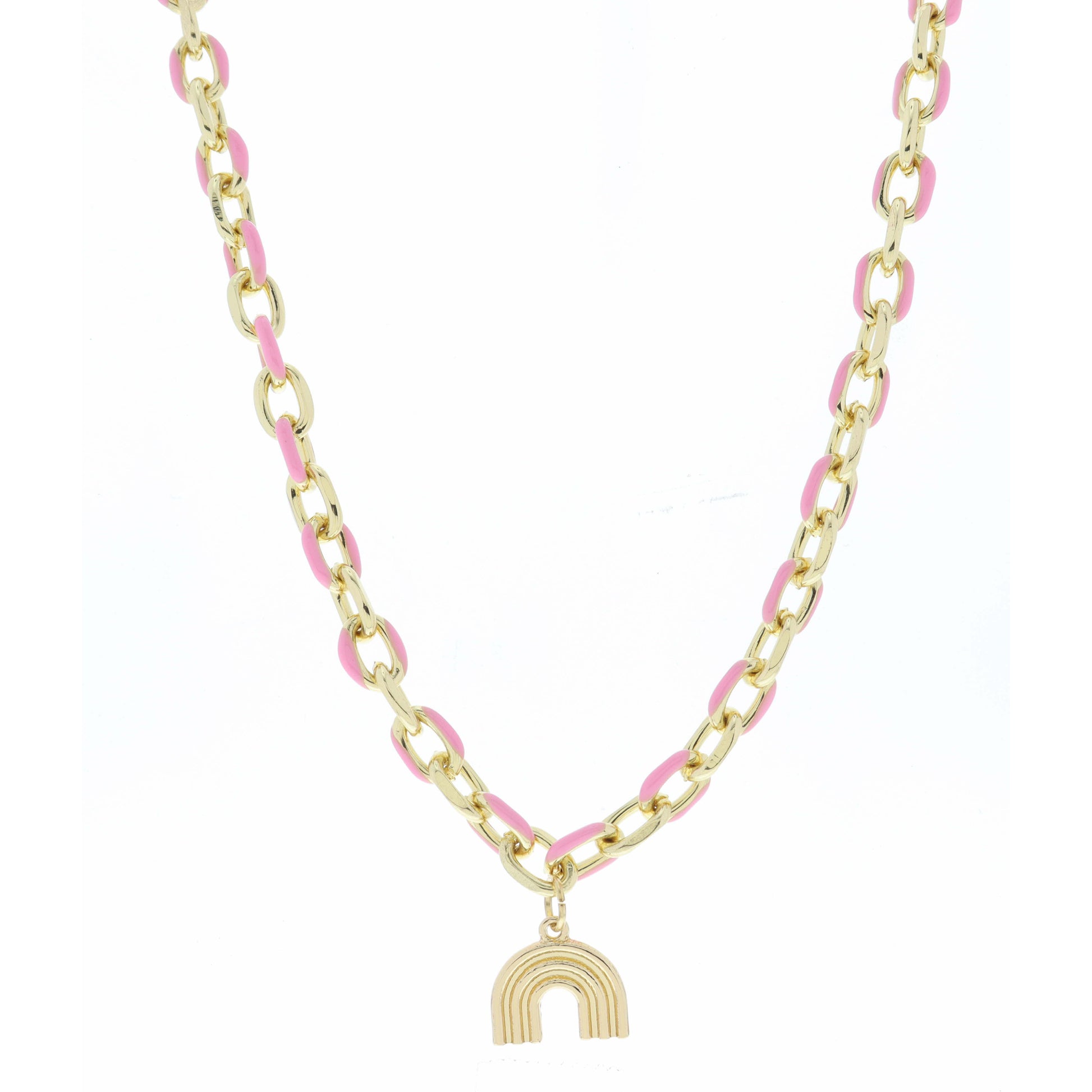 Pink Enamel Chain and Gold Rainbow Arch Necklace