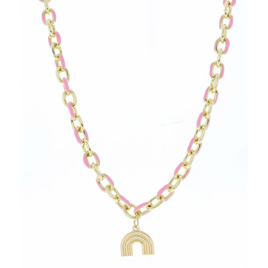 Pink Enamel Chain and Gold Rainbow Arch Necklace