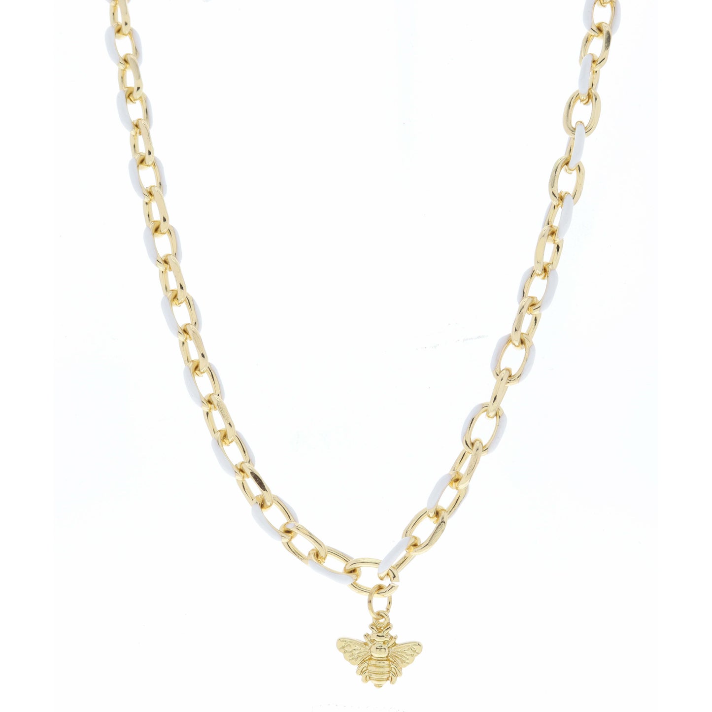 White Enamel Chain and Gold Bee Necklace