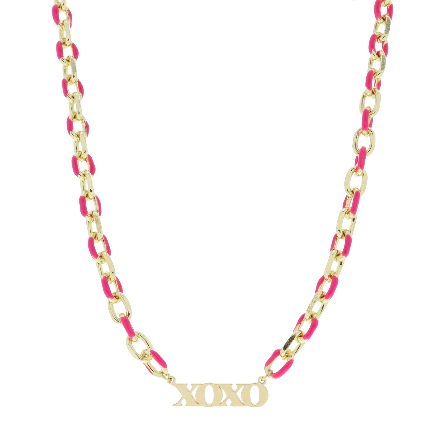 Hot Pink Enamel Chain with Gold "xoxo" Bar Necklace