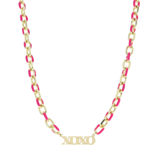 Hot Pink Enamel Chain with Gold "xoxo" Bar Necklace