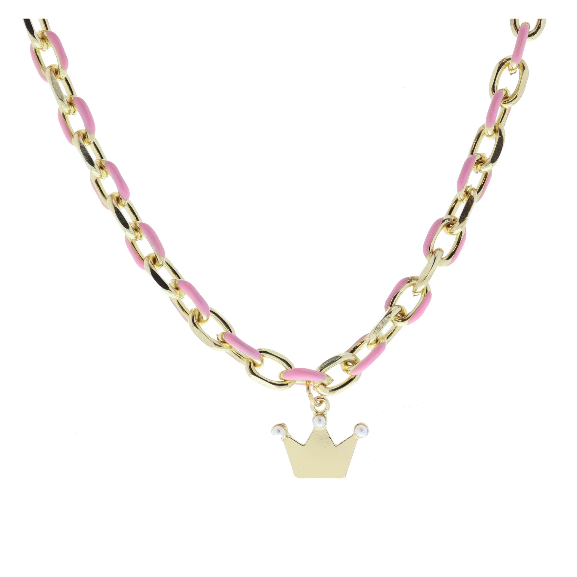 Kids Pink Enamel Chain and Gold Crown with Mini Pearl Points Necklace