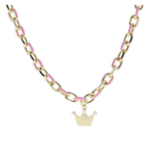 Kids Pink Enamel Chain and Gold Crown with Mini Pearl Points Necklace