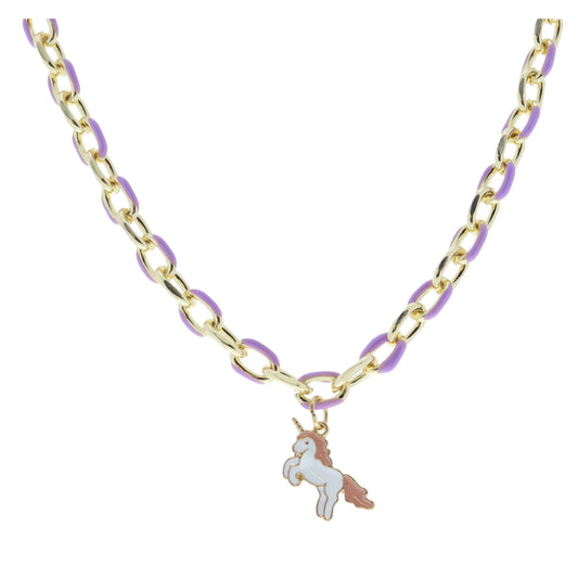 Kids Lavender Enamel Chain and White and Pink Enamel Unicorn Necklace