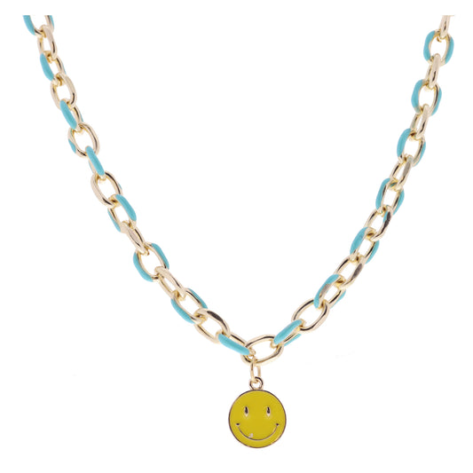 Kids Mint Enamel Chain and Yellow Enamel Happy Face Disc Necklace
