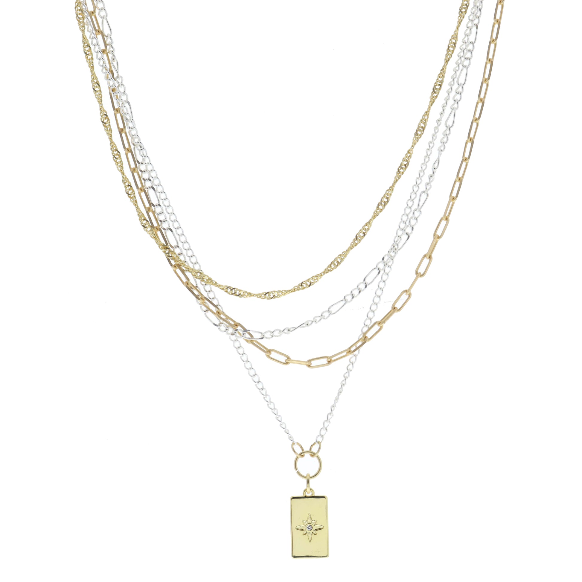 4 Layer Multi Gold and Silver Chains with Rectangle with Star Necklace