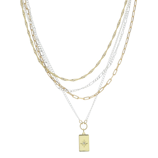 4 Layer Multi Gold and Silver Chains with Rectangle with Star Necklace