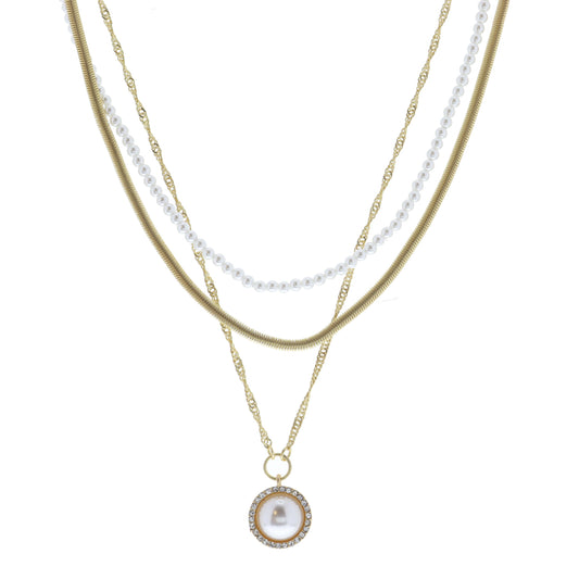 3 Layer Multi Chains and Pearl Strand with Pearl Inlay Setting Necklace