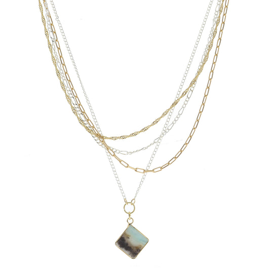 4 Layer Multi Gold and Silver Chains with Diamond Chalcedony Stone Necklace