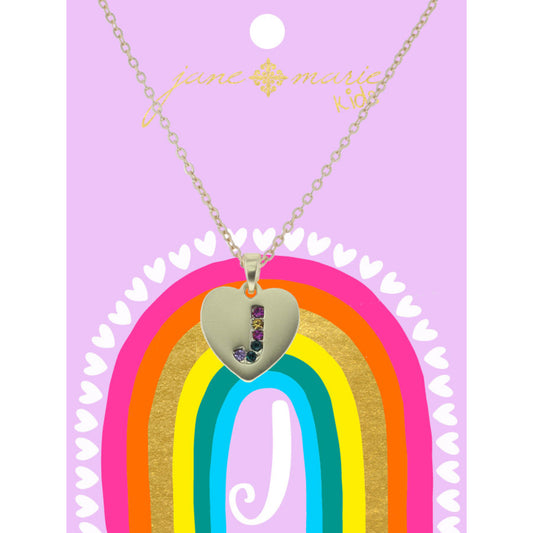 Kids Multi Color Crystal "J" on Gold Heart Necklace