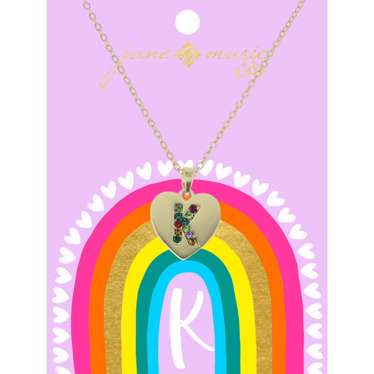 Kids Multi Color Crystal "K" on Gold Heart Necklace