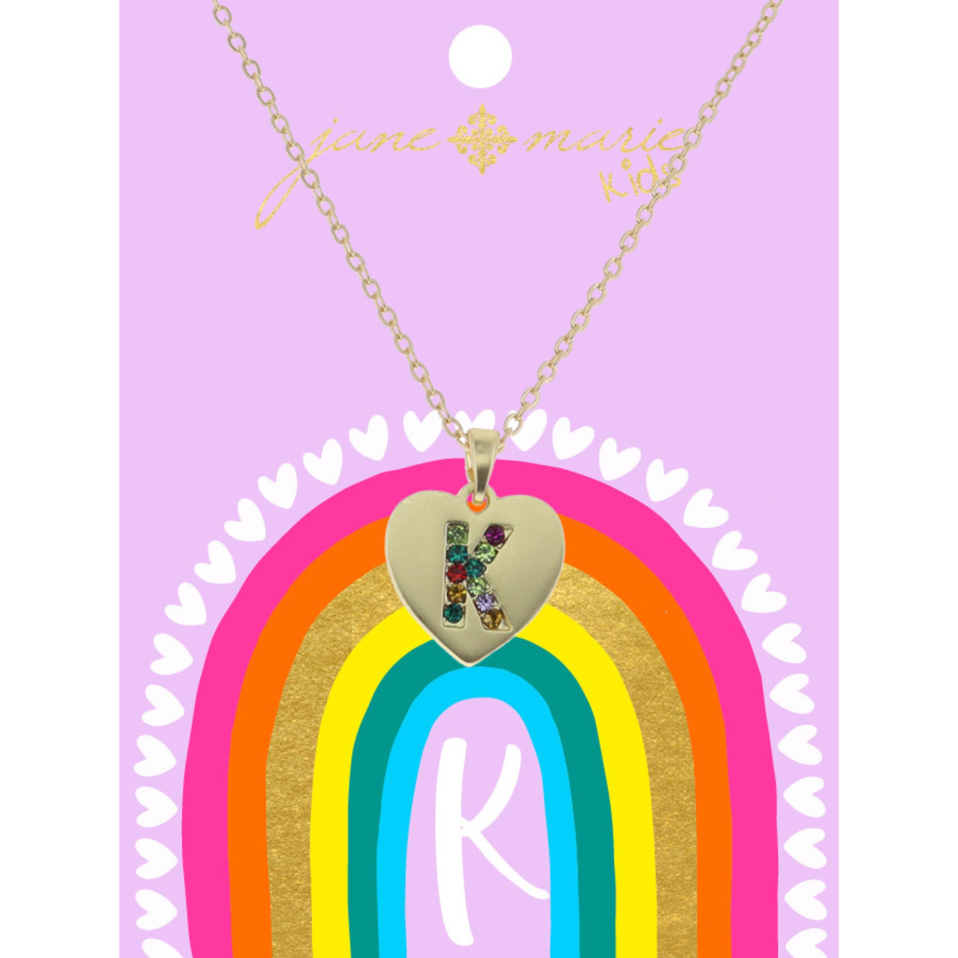 Kids Multi Color Crystal "K" on Gold Heart Necklace