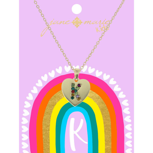 Kids Multi Color Crystal "K" on Gold Heart Necklace