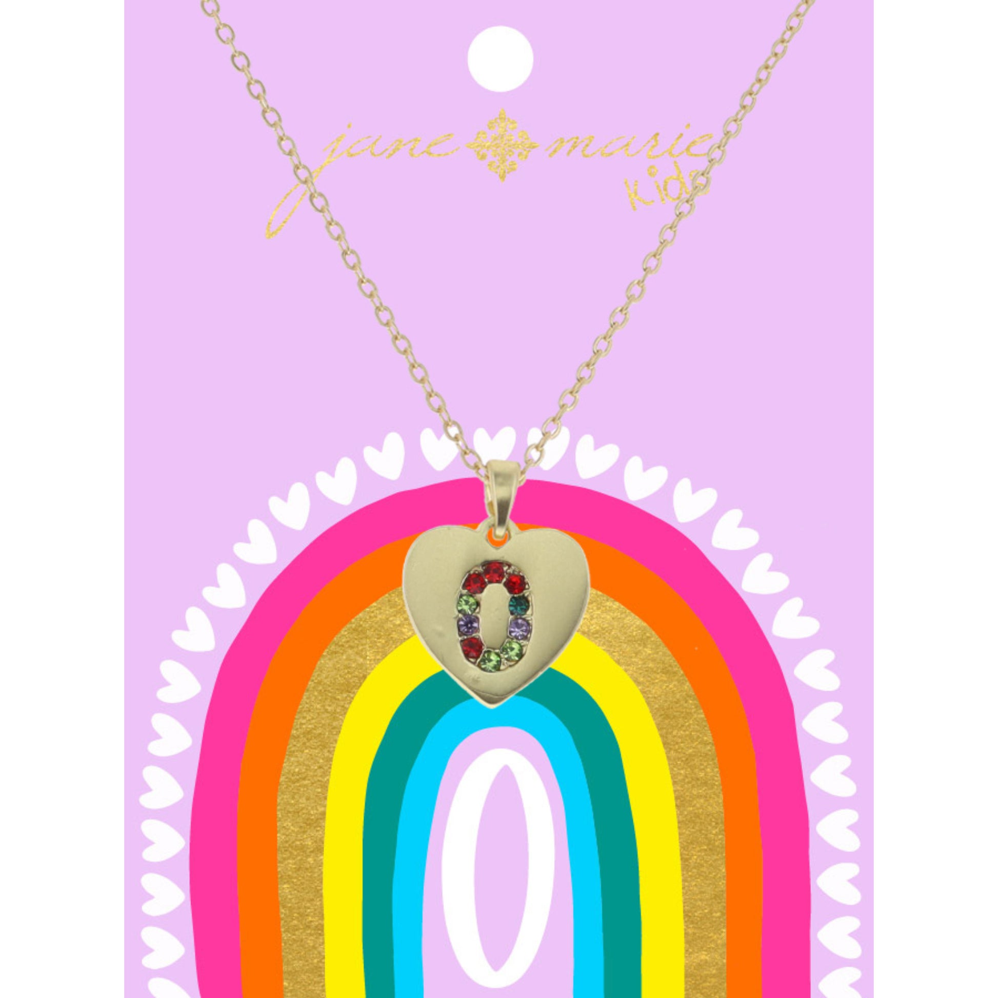 Kids Multi Color Crystal "O" on Gold Heart Necklace