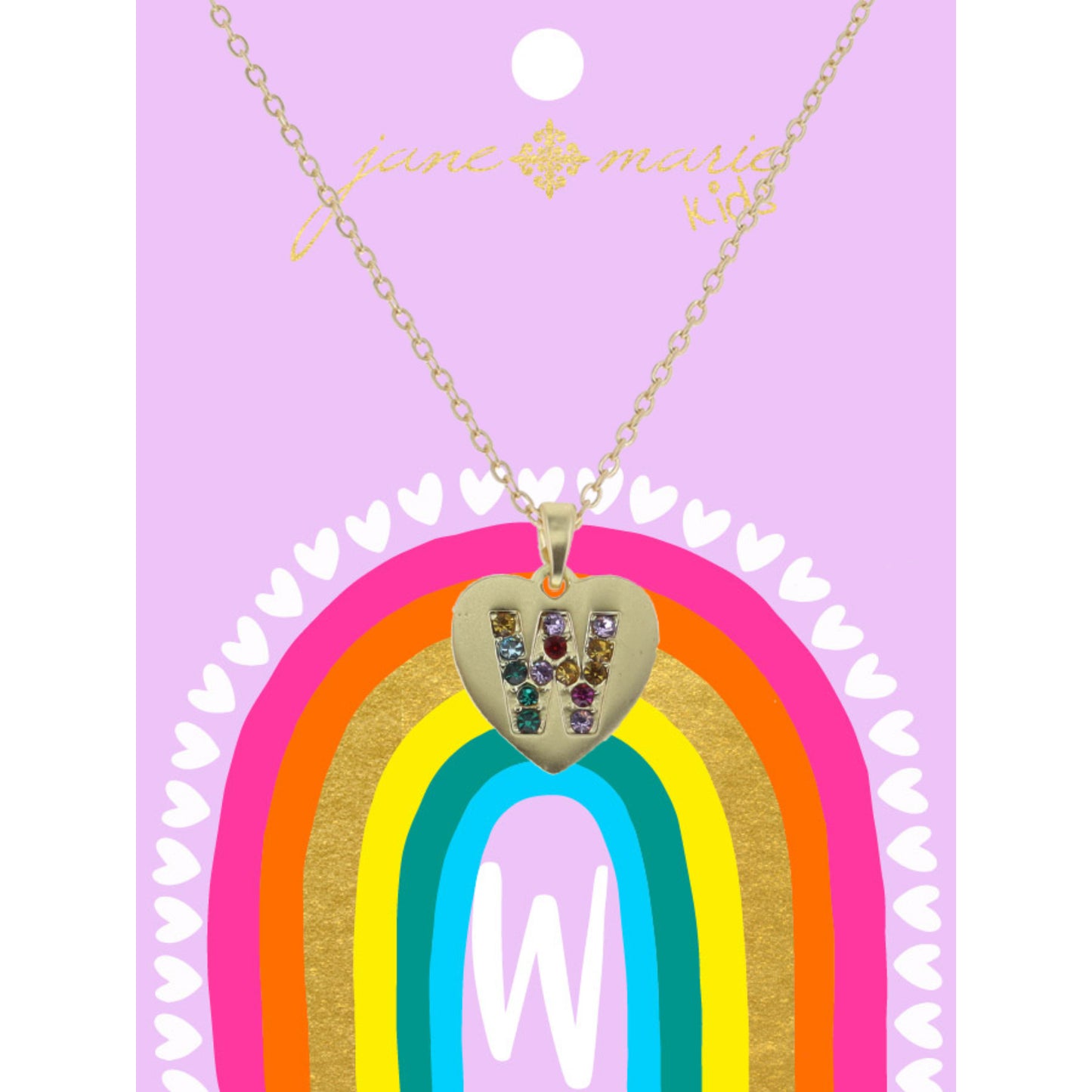 Kids Multi Color Crystal "W" on Gold Heart Necklace