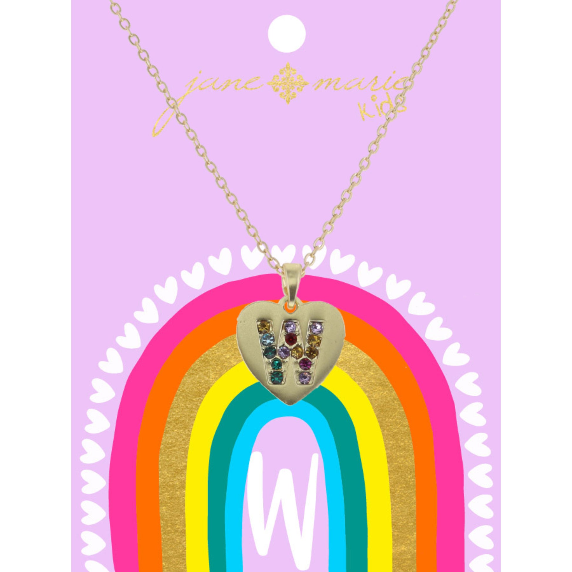 Kids Multi Color Crystal "W" on Gold Heart Necklace