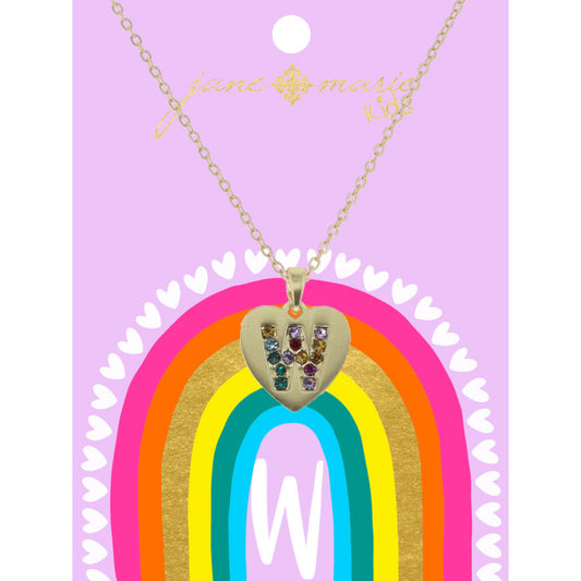 Kids Multi Color Crystal "W" on Gold Heart Necklace