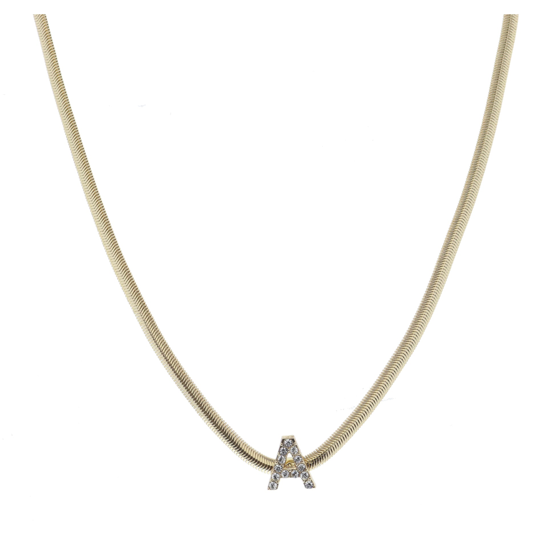 Shiny Gold Snake Chain with Clear Crystal "A" Station Necklace