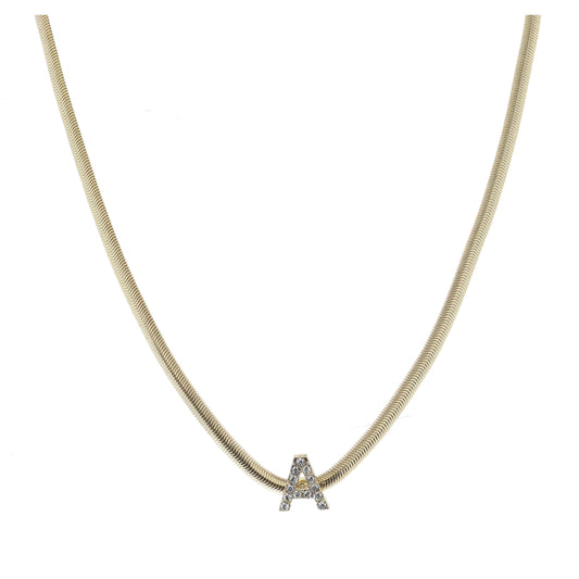Shiny Gold Snake Chain with Clear Crystal "A" Station Necklace