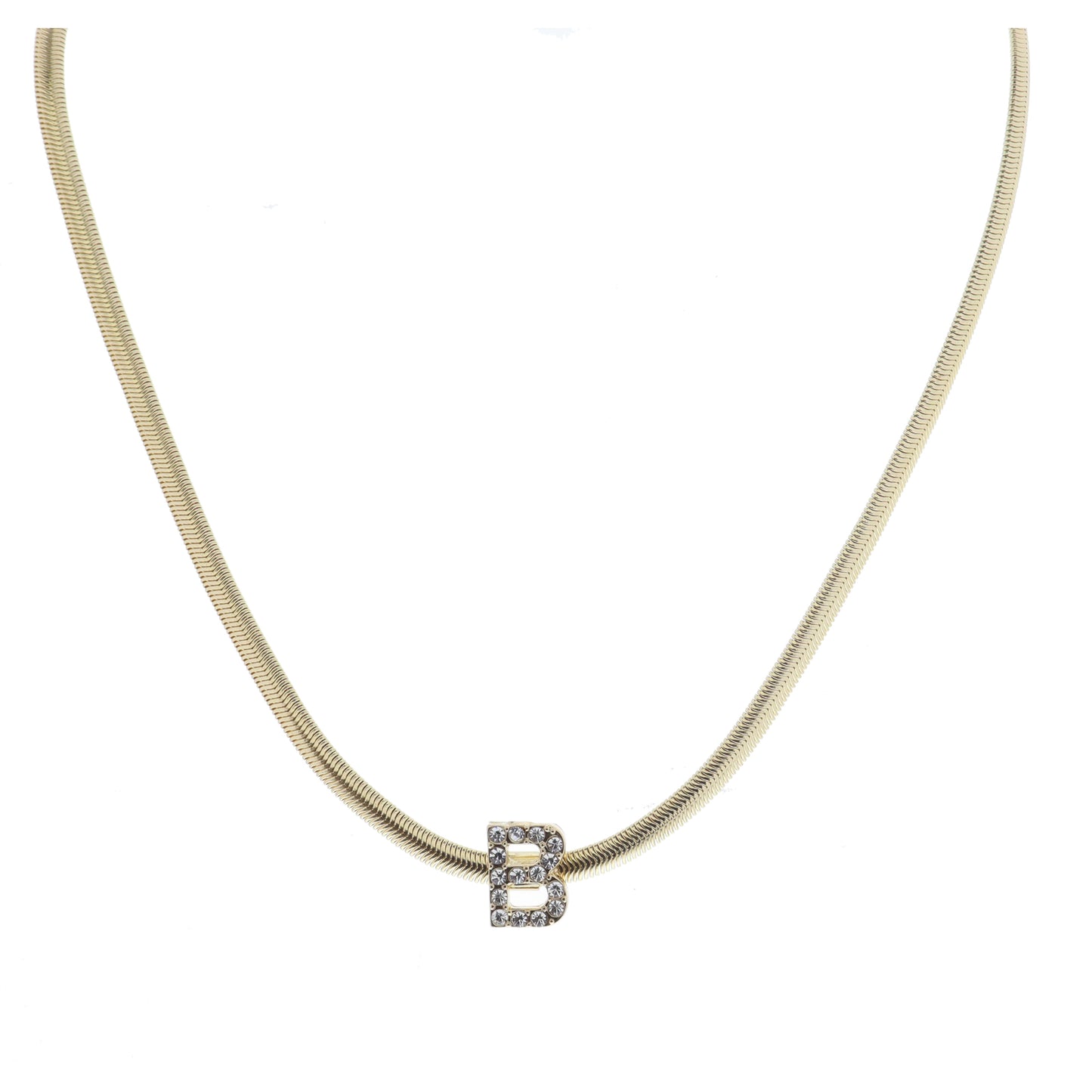 Shiny Gold Snake Chain with Clear Crystal "B" Station Necklace