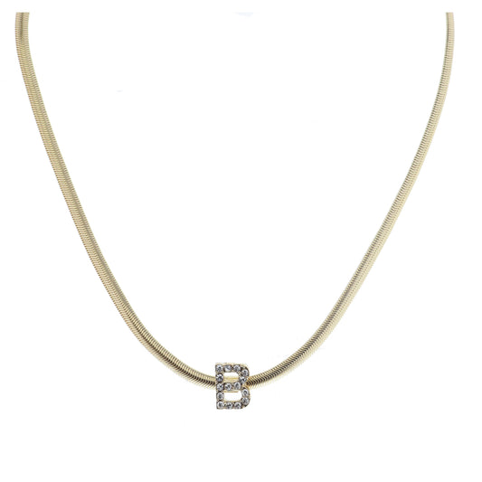 Shiny Gold Snake Chain with Clear Crystal "B" Station Necklace