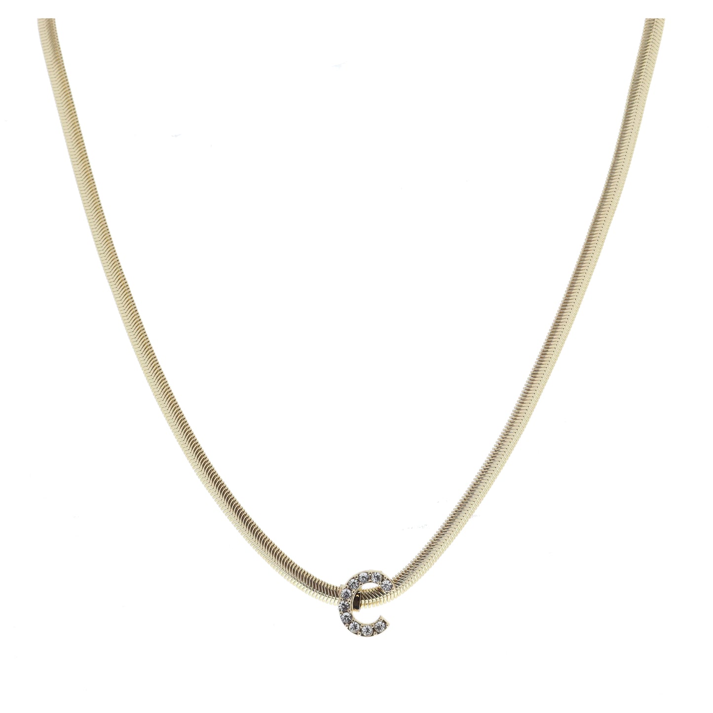 Shiny Gold Snake Chain with Clear Crystal "C" Station Necklace