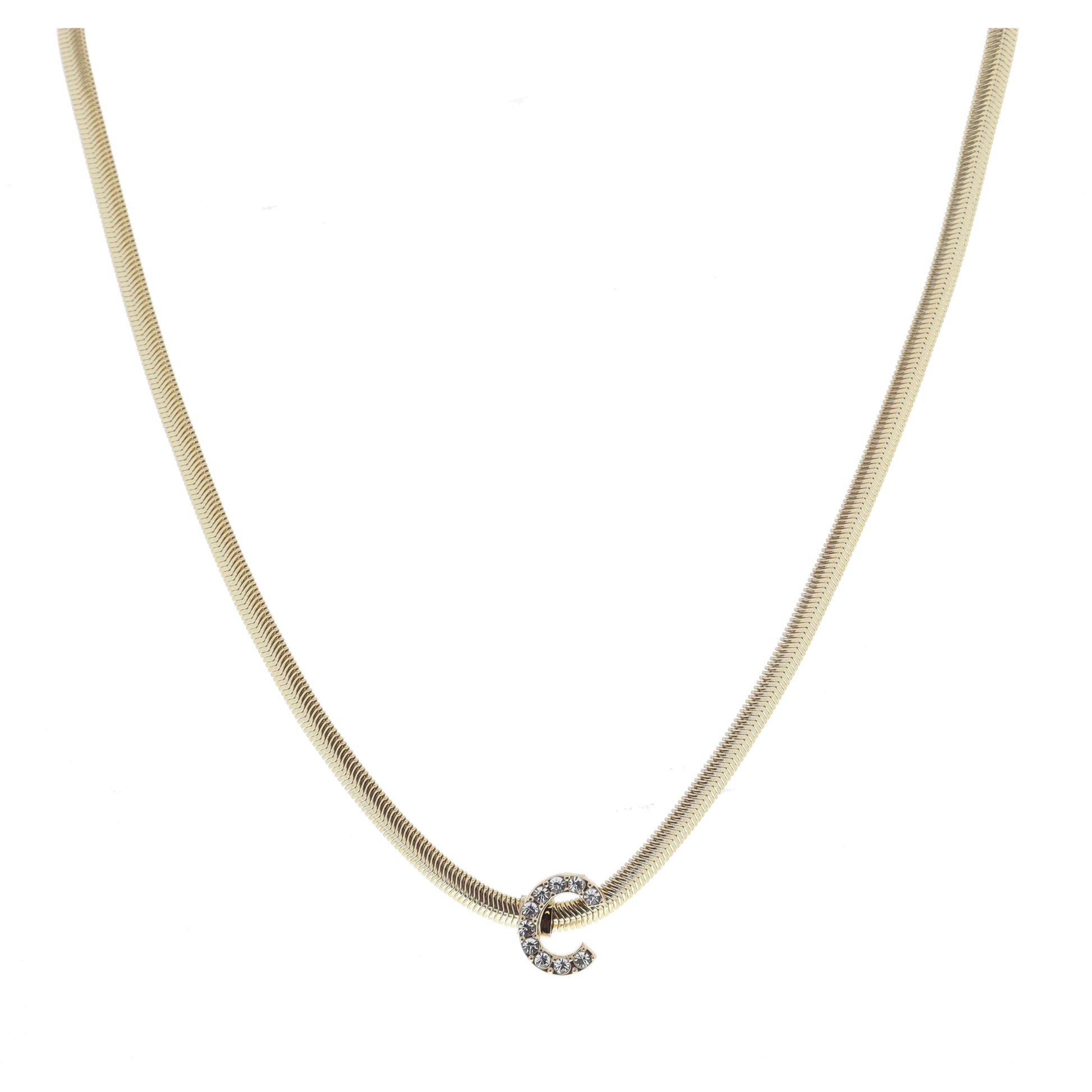 Shiny Gold Snake Chain with Clear Crystal "C" Station Necklace