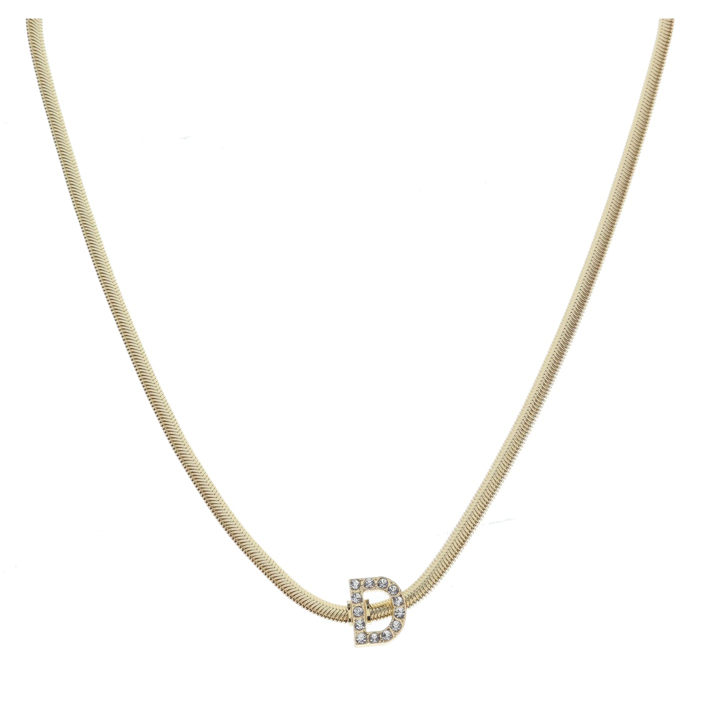 Shiny Gold Snake Chain with Clear Crystal "D" Station Necklace