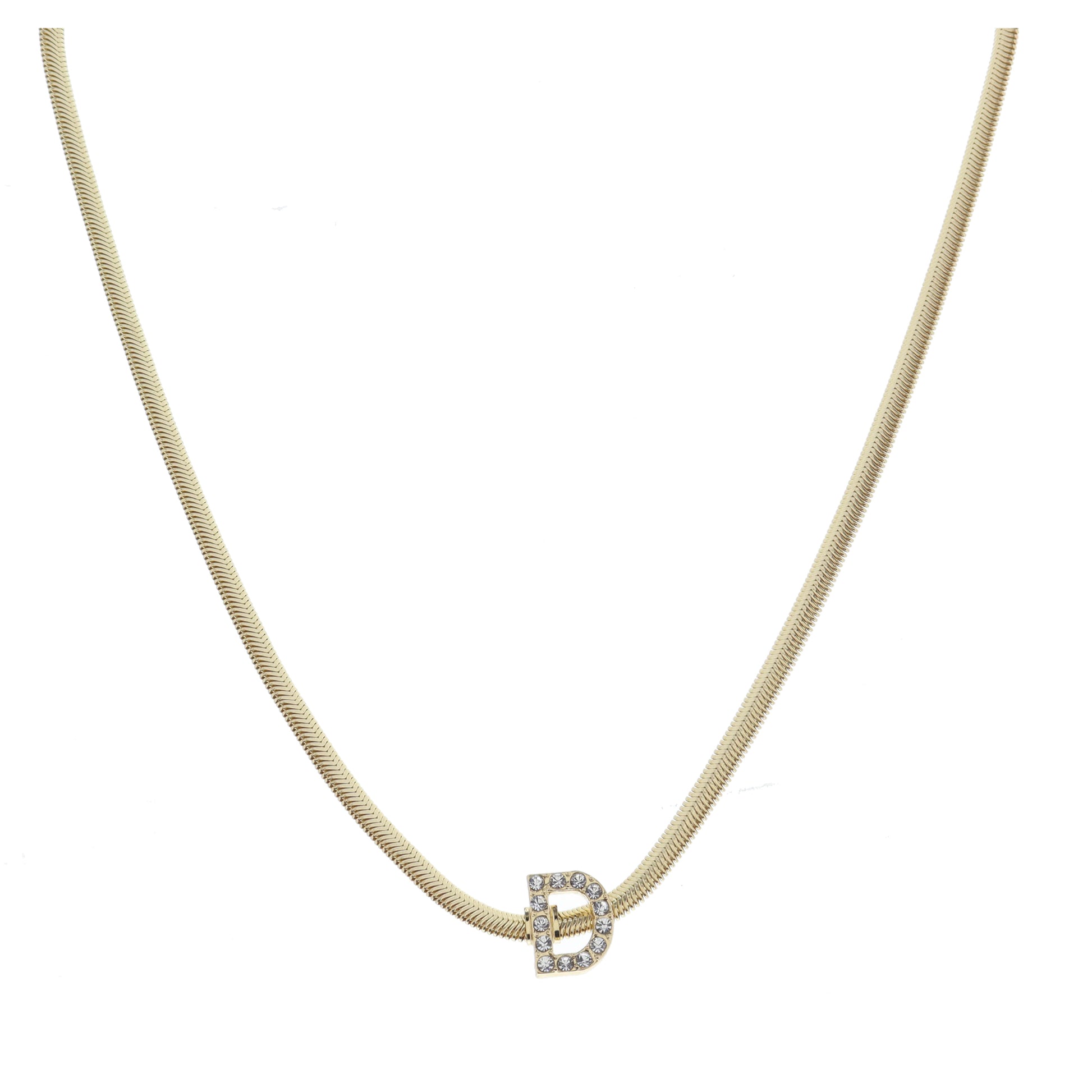 Shiny Gold Snake Chain with Clear Crystal "D" Station Necklace