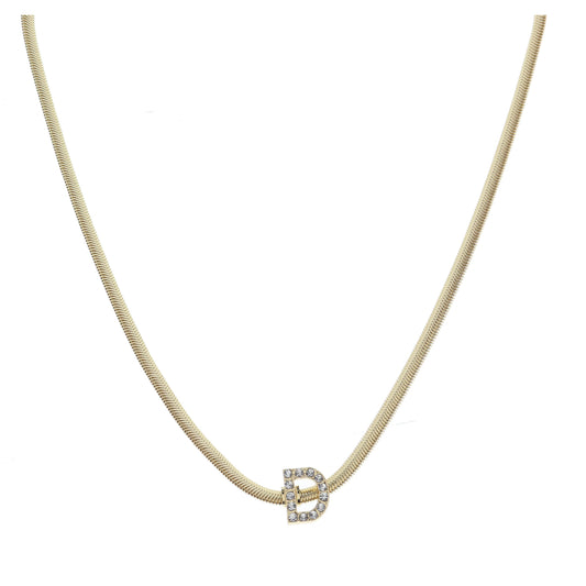 Shiny Gold Snake Chain with Clear Crystal "D" Station Necklace